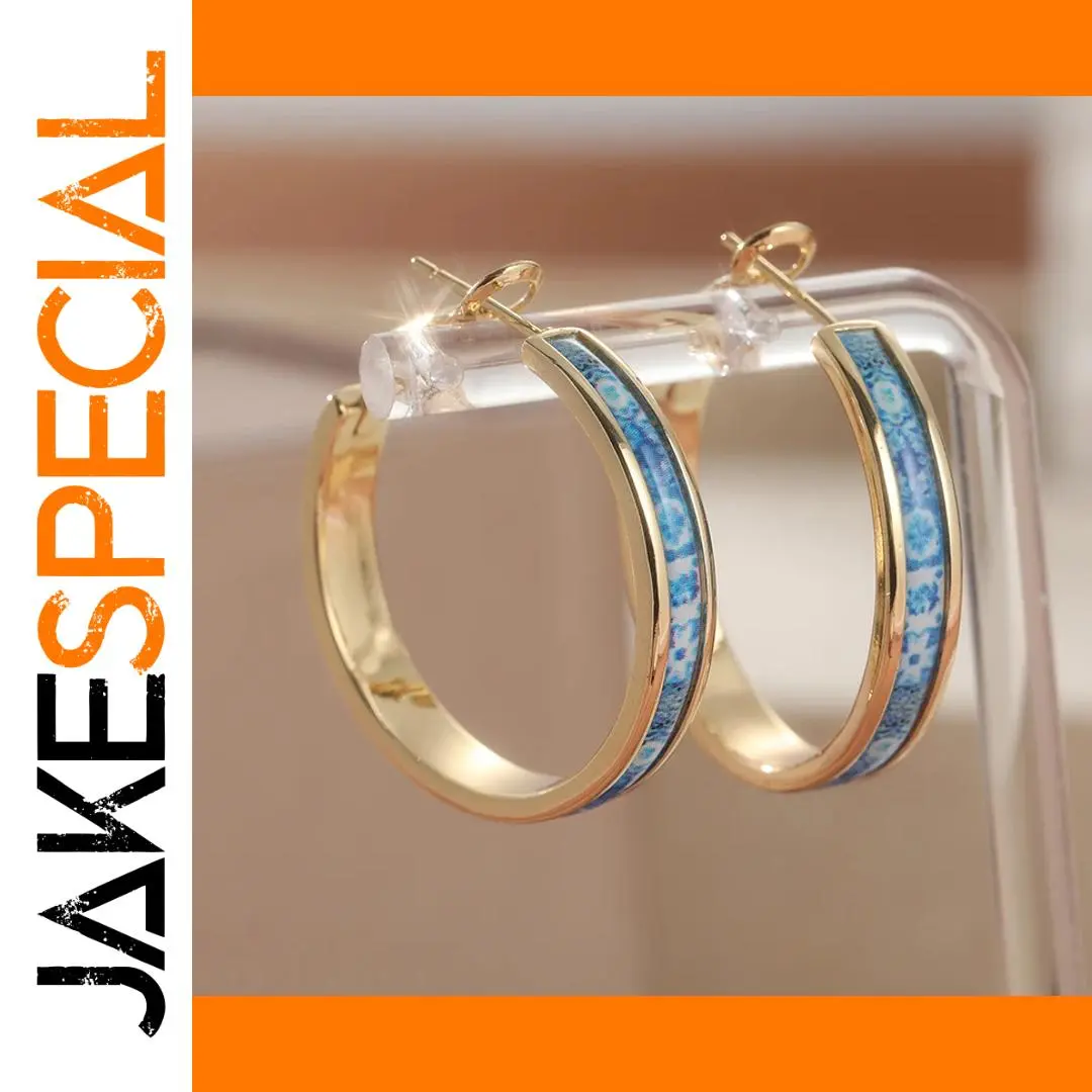 Gold and Blue Enamel Hoop Earrings 1 Gold and Blue Enamel Hoop Earrings