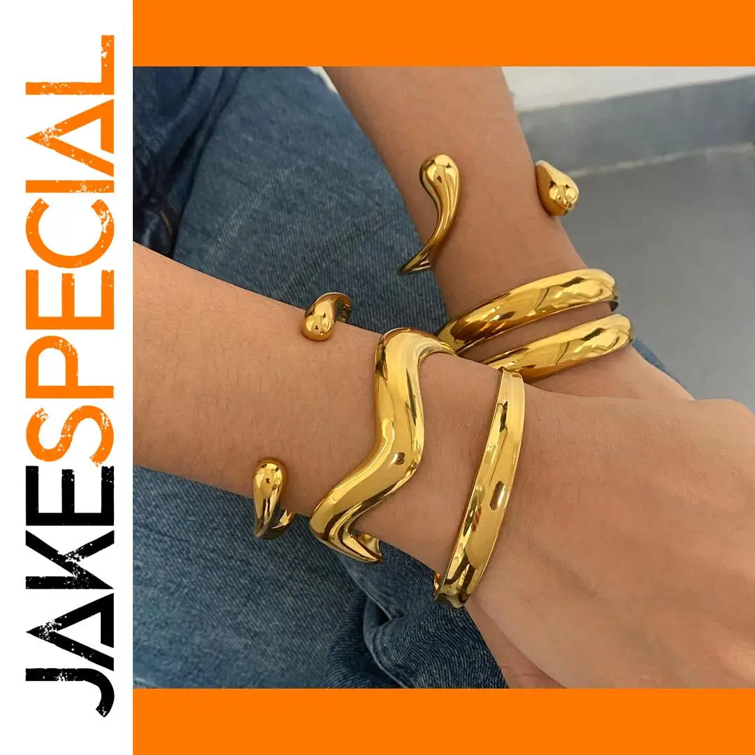 Stainless Steel Gold-Toned Wave Cuff Bracelet 1 Stainless Steel Gold-Toned Wave Cuff Bracelet