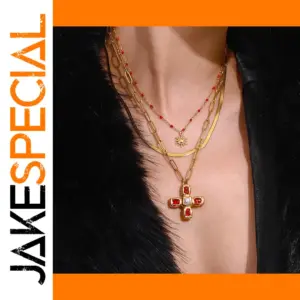 Stainless Steel Women's Cross Necklace with Red Zircon