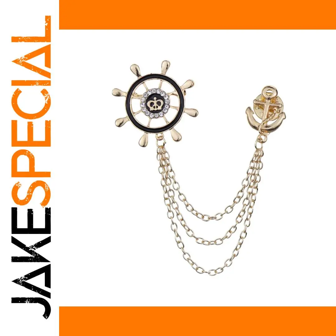 Men's Nautical Wheel Crown Brooch with Chains 1 Men's Nautical Wheel Crown Brooch with Chains