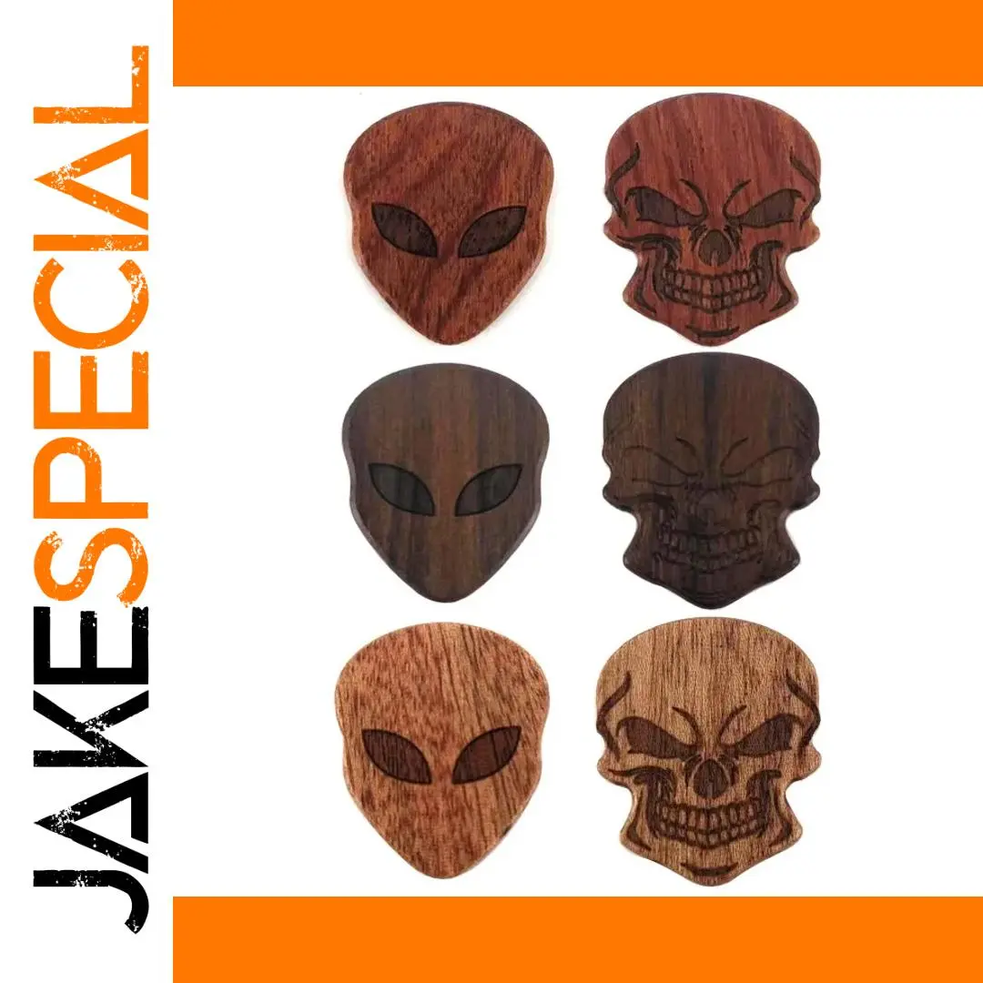 Handcrafted Wooden Guitar Pick with Alien & Skull Designs 1 Handcrafted Wooden Guitar Pick with Alien & Skull Designs