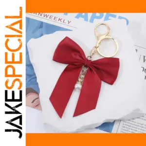 Red Ribbon Bow Keychain with Pearl Accent