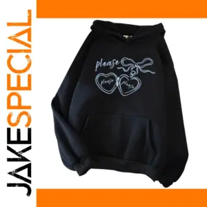 Black Graphic Hoodie with Hearts and Bow