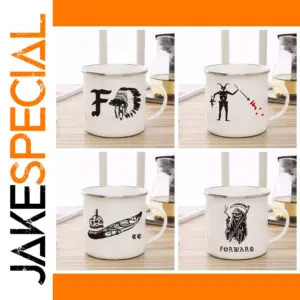 Edgy White Enamel Coffee Mug with Black & Red Graphics