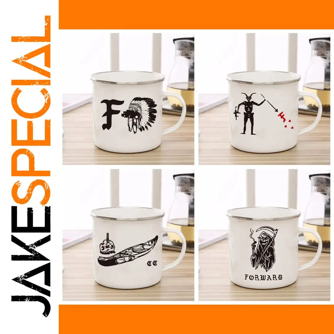 Edgy White Enamel Coffee Mug with Black & Red Graphics 1 Edgy White Enamel Coffee Mug with Black & Red Graphics
