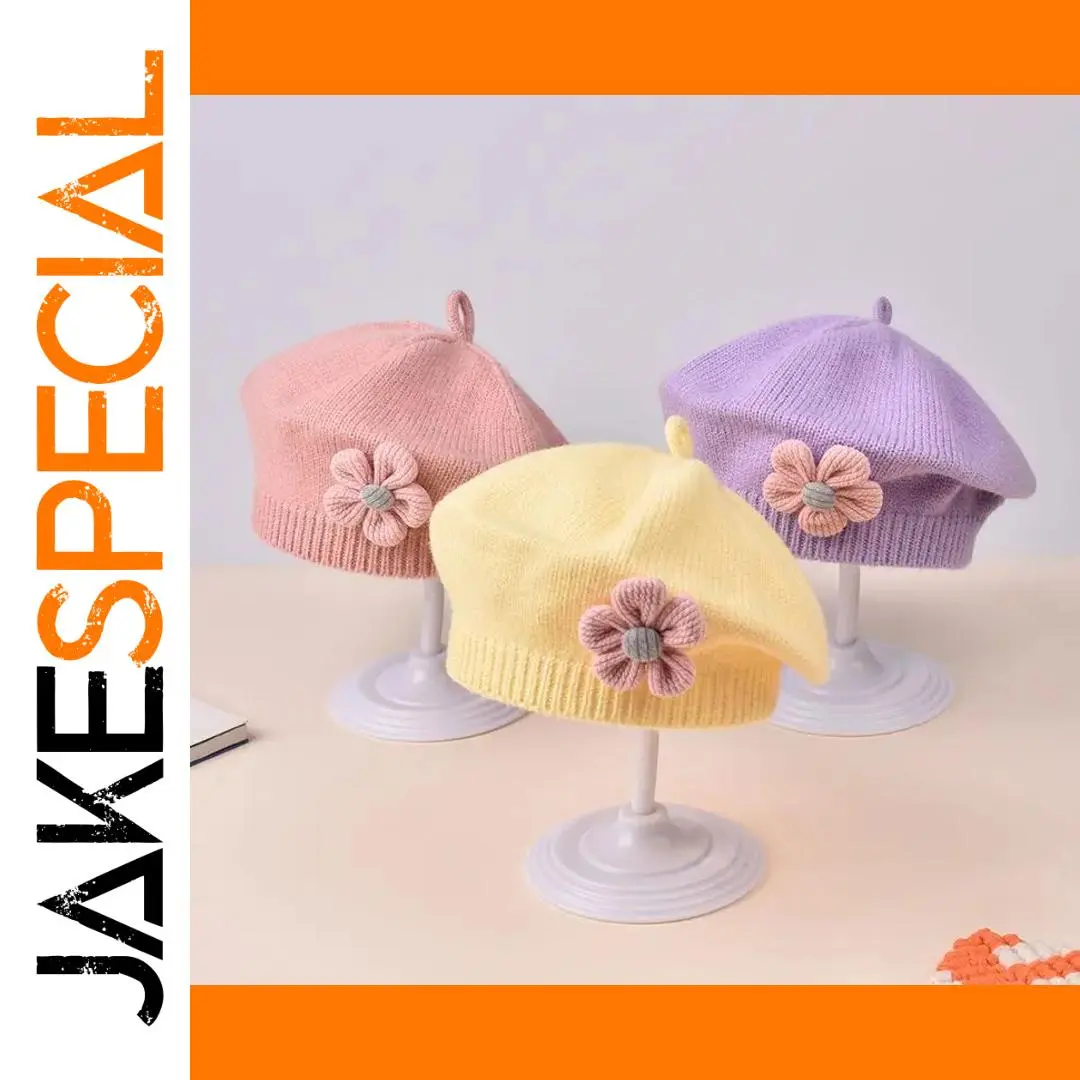 Baby Girl Knit Beret with Floral Embellishments 1 Baby Girl Knit Beret with Floral Embellishments