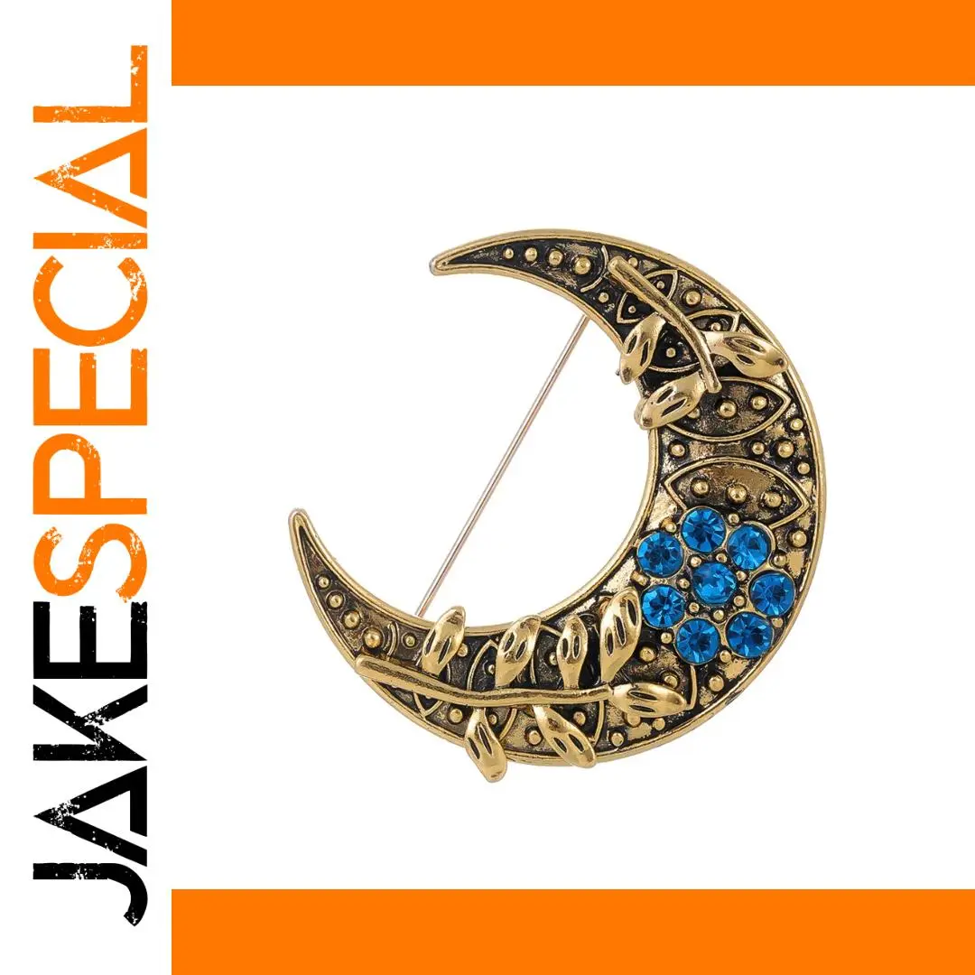 Antique Moon Brooch with Blue Rhinestones 1 Antique Moon Brooch with Blue Rhinestones