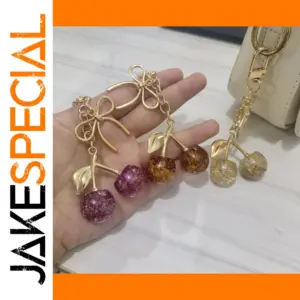 Vibrant Cherry-Shaped Resin Keyring with Gold Flakes