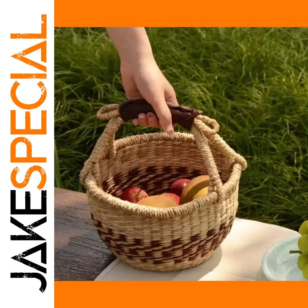 Rustic Handwoven Fruit Basket with Leather Handles 1 Rustic Handwoven Fruit Basket with Leather Handles
