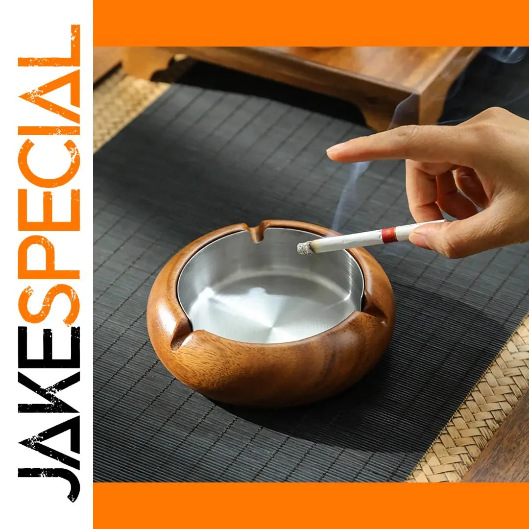 Vintage Wooden Round Ashtray with Stainless Steel Lining 1 Vintage Wooden Round Ashtray with Stainless Steel Lining