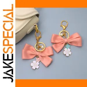 Pink Satin Bow Keychain with Enamel Flowers