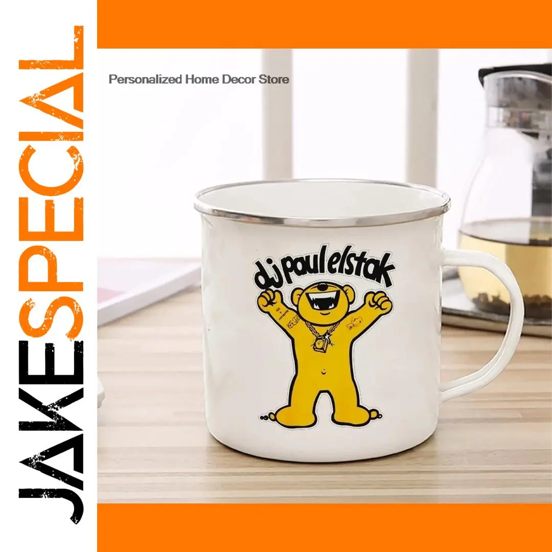 Enamelled Coffee Mug with Yellow Bear Graphic 1 Enamelled Coffee Mug with Yellow Bear Graphic