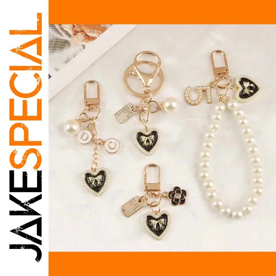 Pearl Heart Keychain with Camellia Bowknot 1 Pearl Heart Keychain with Camellia Bowknot