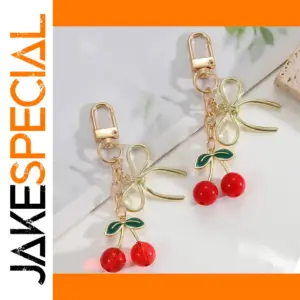 Cherry Bow Keychain with Gold Bow and Beads