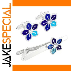 Blue Flower Cufflinks and Tie Clip Set for Men