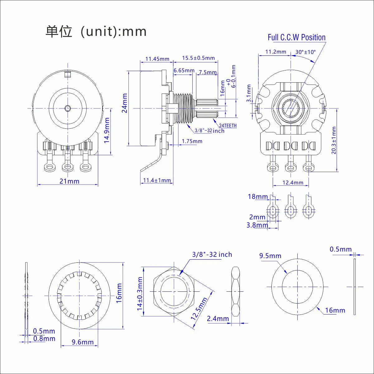 Guitar Potentiometer Set 250kΩ/500kΩ with Knurled Shaft 3 Guitar Potentiometer Set 250kΩ/500kΩ with Knurled Shaft - Image 3