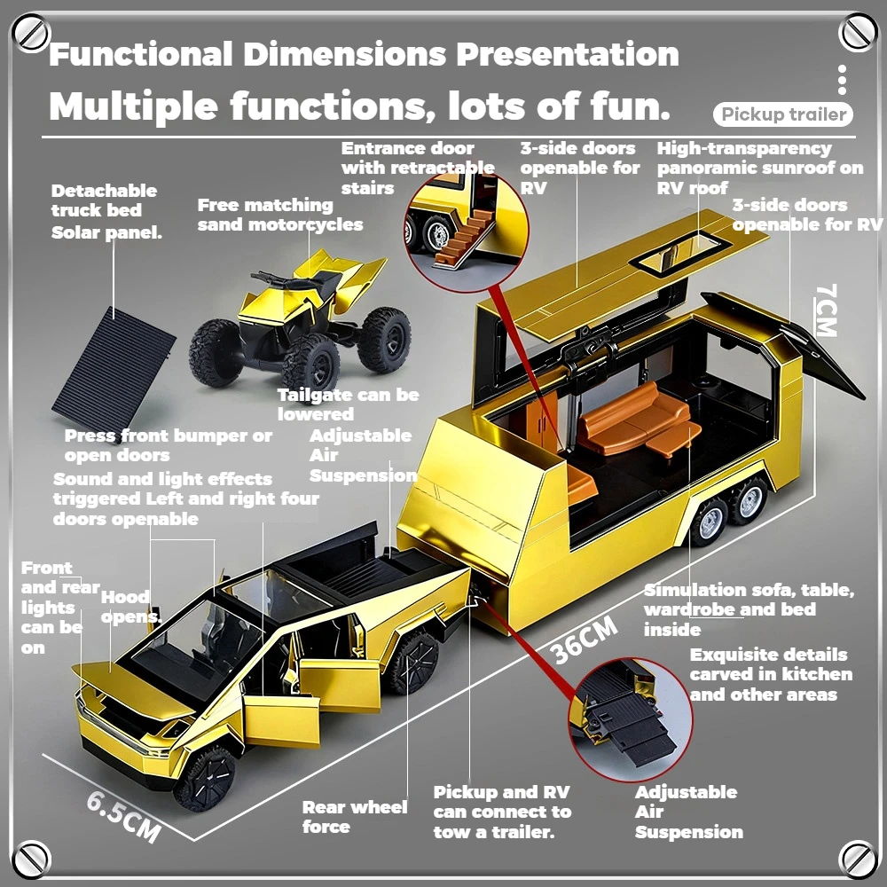 Gold Off-Road Pickup Truck Model with Trailer 2 Gold Off-Road Pickup Truck Model with Trailer - Image 2