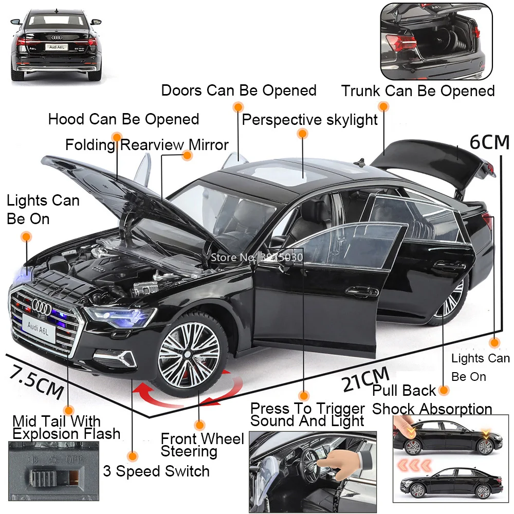 1:24 Scale Luxury A6L Car Model in Black 2 1:24 Scale Luxury A6L Car Model in Black - Image 2