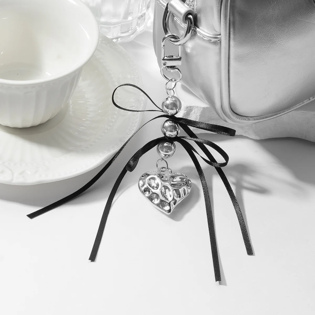 Silver and Black Beaded Heart Keychain 5 Silver and Black Beaded Heart Keychain - Image 5