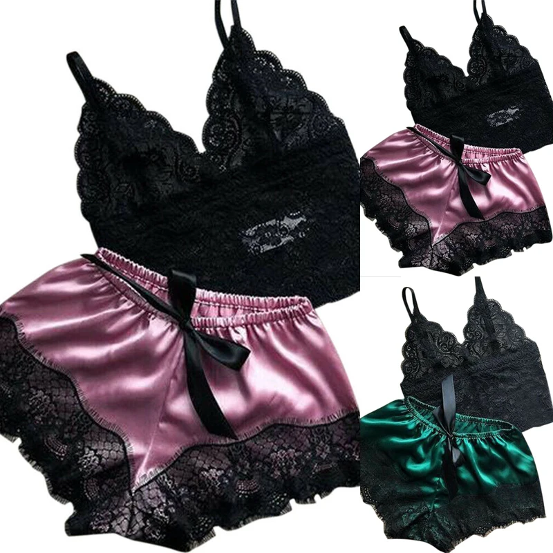 Women's Lace Sleepwear Set with Satin Shorts 4 Women's Lace Sleepwear Set with Satin Shorts - Image 4