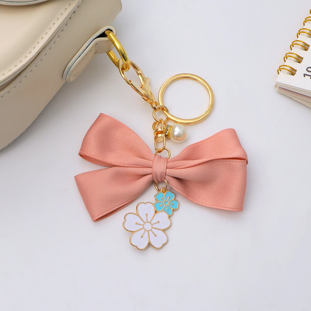 Pink Satin Bow Keychain with Enamel Flowers 4 Pink Satin Bow Keychain with Enamel Flowers - Image 4