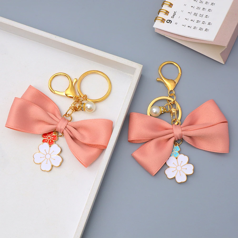 Pink Satin Bow Keychain with Enamel Flowers 6 Pink Satin Bow Keychain with Enamel Flowers - Image 6