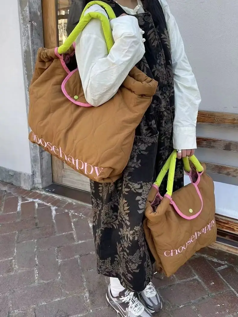 Brown Quilted Tote Bag with Pink Details 3 Brown Quilted Tote Bag with Pink Details - Image 3