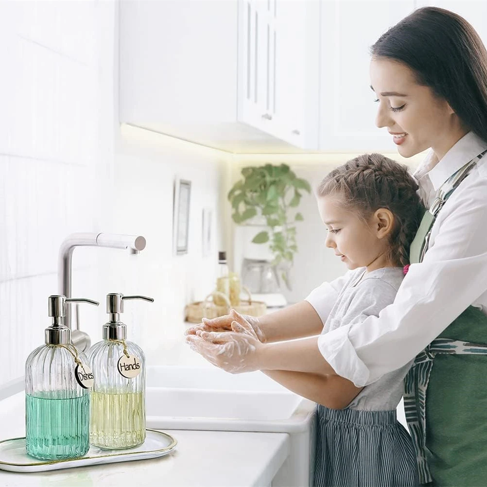 Elegant Glass Soap Dispenser Set with Wooden Tags 6 Elegant Glass Soap Dispenser Set with Wooden Tags - Image 6