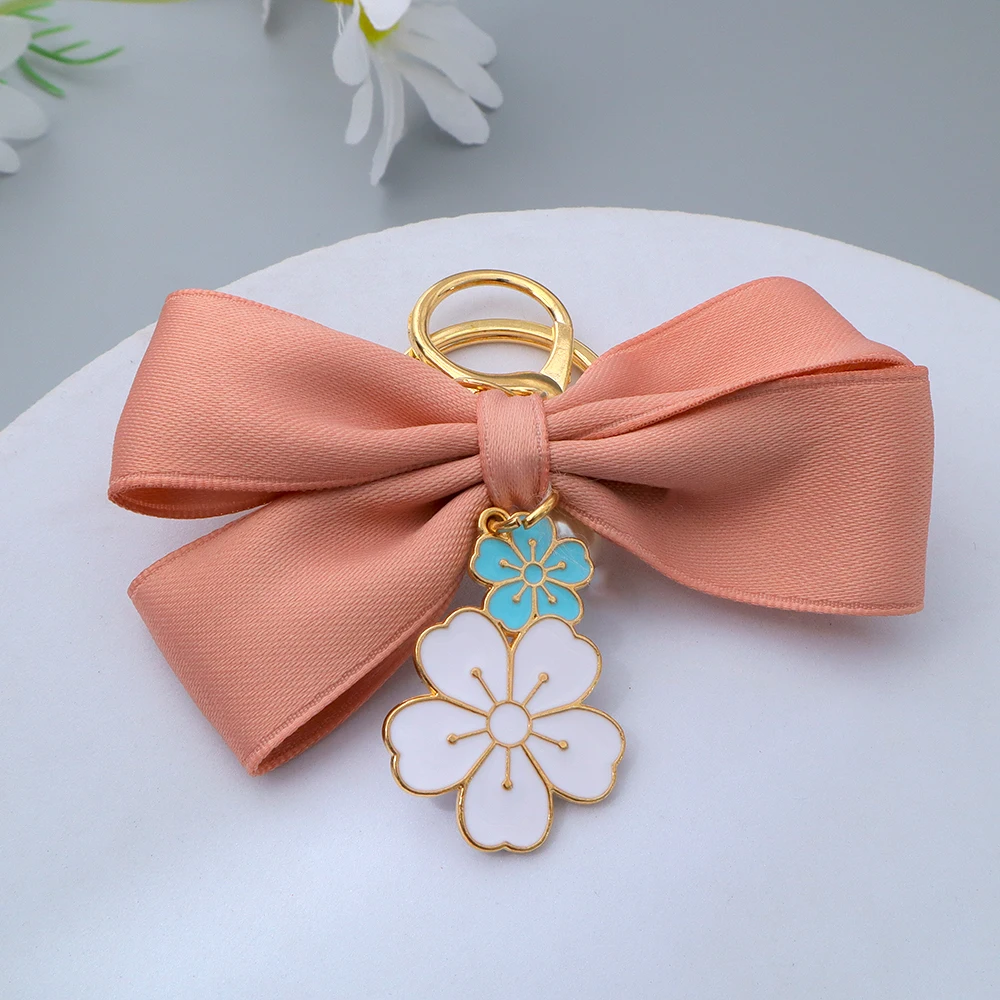 Pink Satin Bow Keychain with Enamel Flowers 2 Pink Satin Bow Keychain with Enamel Flowers - Image 2