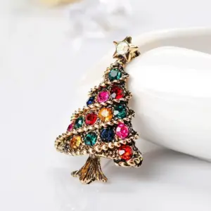 Festive Christmas Tree Brooch with Rhinestones
