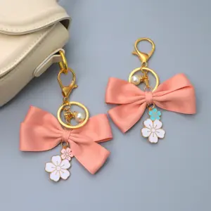 Pink Satin Bow Keychain with Enamel Flowers