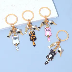 Cute Wagging Tail Cat Keychain with Fishbone Charm