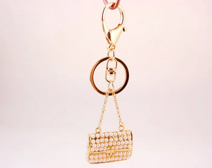 Gold Miniature Handbag Keychain with Faux Pearls 2 Gold Miniature Handbag Keychain with Faux Pearls - Image 2