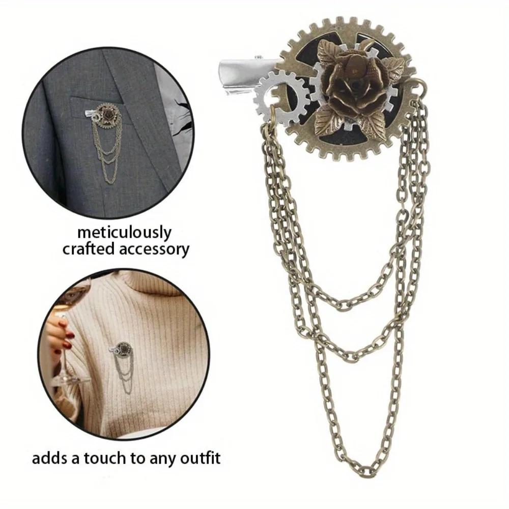 Vintage Steampunk Gears Brooch with Chains 2 Vintage Steampunk Gears Brooch with Chains - Image 2