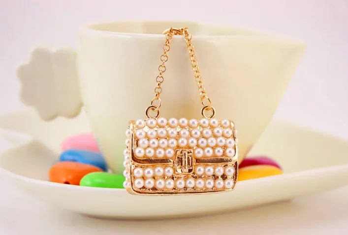 Gold Miniature Handbag Keychain with Faux Pearls 3 Gold Miniature Handbag Keychain with Faux Pearls - Image 3