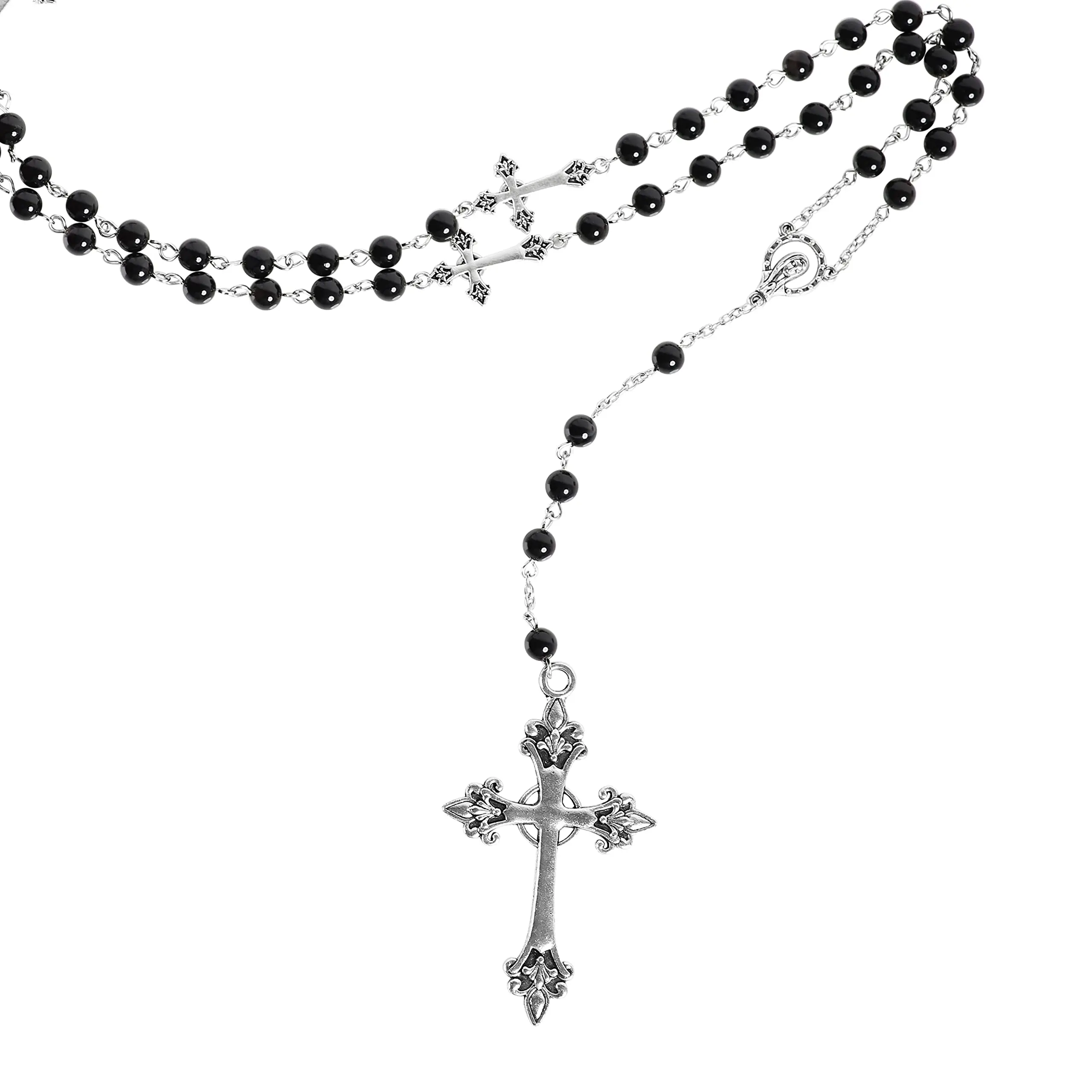 Black Unisex Rosary Necklace with Silver Cross 5 Black Unisex Rosary Necklace with Silver Cross - Image 5