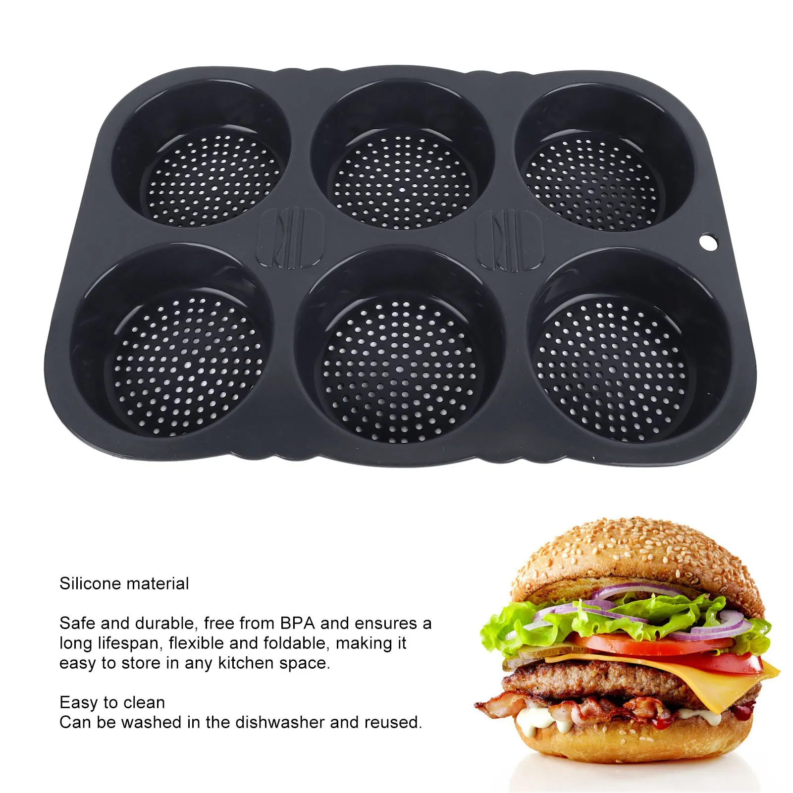 Black Silicone Hamburger Bun Mold with 6 Cavities 3 Black Silicone Hamburger Bun Mold with 6 Cavities - Image 3