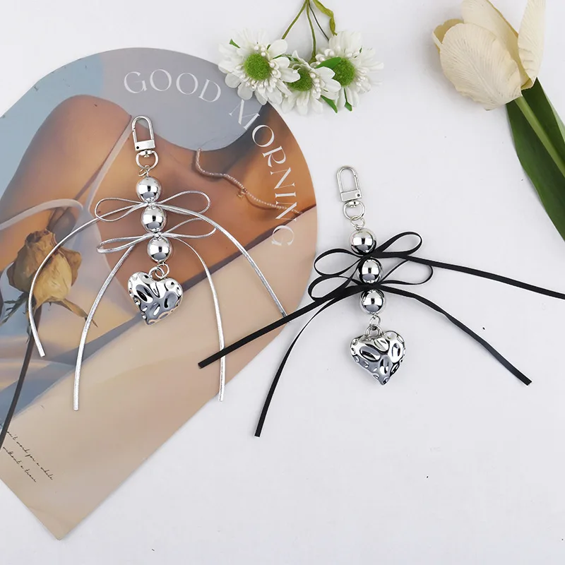 Silver and Black Beaded Heart Keychain 2 Silver and Black Beaded Heart Keychain - Image 2