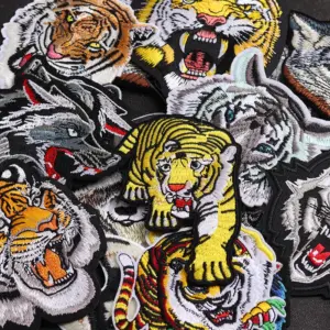 Embroidered Tiger and Wolf Head Patches Set