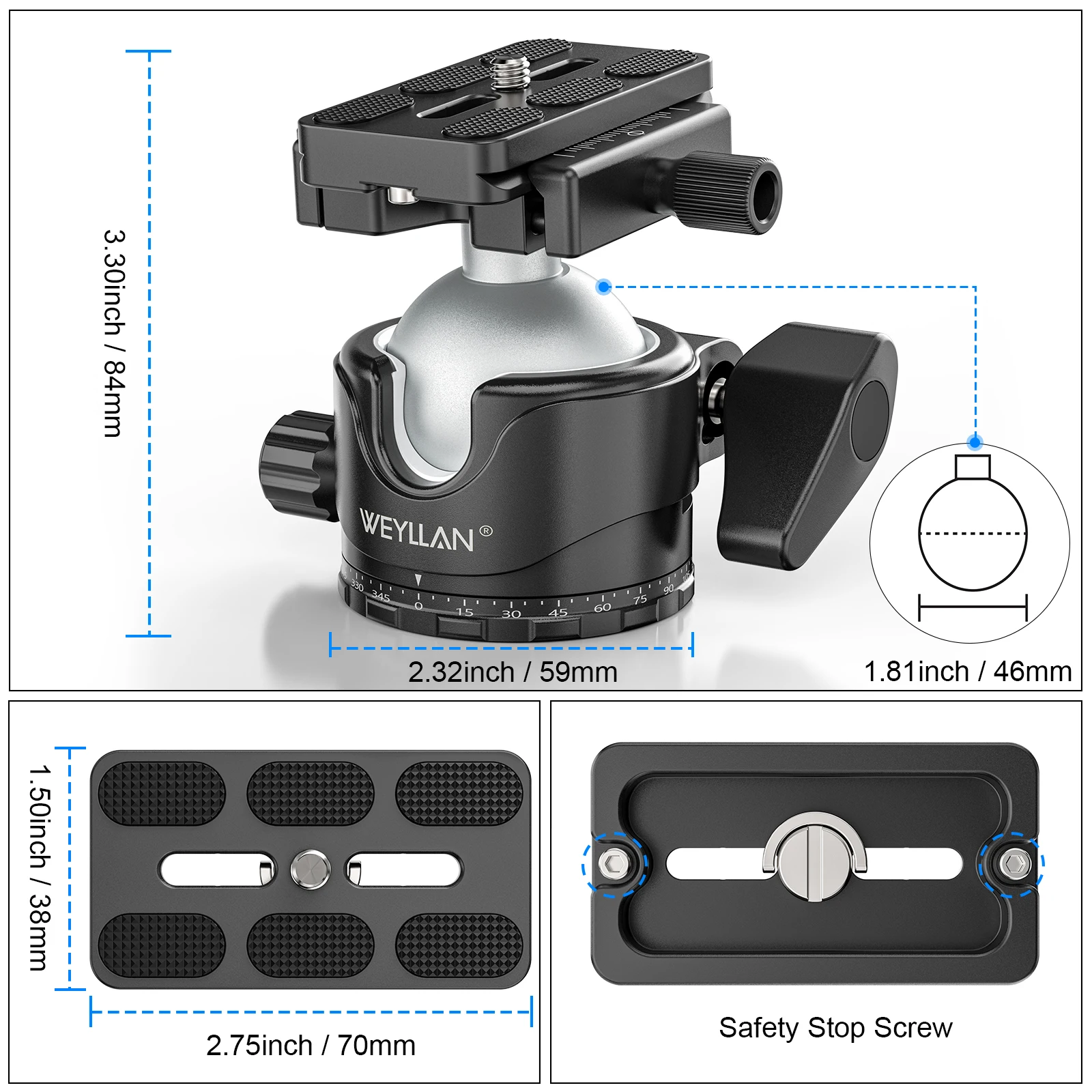 WEYLLAN EH46L Tripod Ball Head with 20kg Support 6 WEYLLAN EH46L Tripod Ball Head with 20kg Support - Image 6