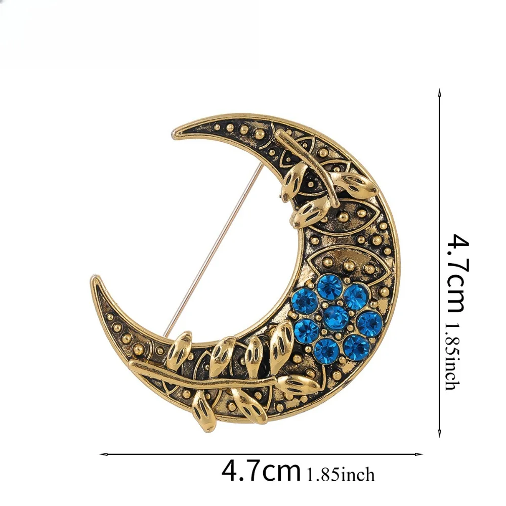 Antique Moon Brooch with Blue Rhinestones 2 Antique Moon Brooch with Blue Rhinestones - Image 2