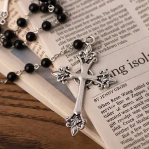 Black Unisex Rosary Necklace with Silver Cross 9 S9cc73f4f193d44ab80edcac3e2b044376