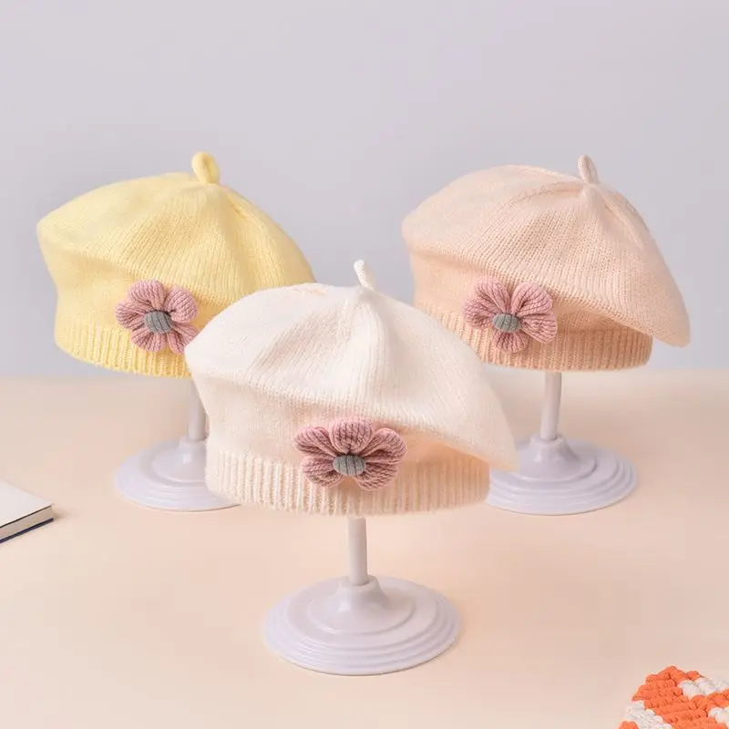 Baby Girl Knit Beret with Floral Embellishments 2 Baby Girl Knit Beret with Floral Embellishments - Image 2