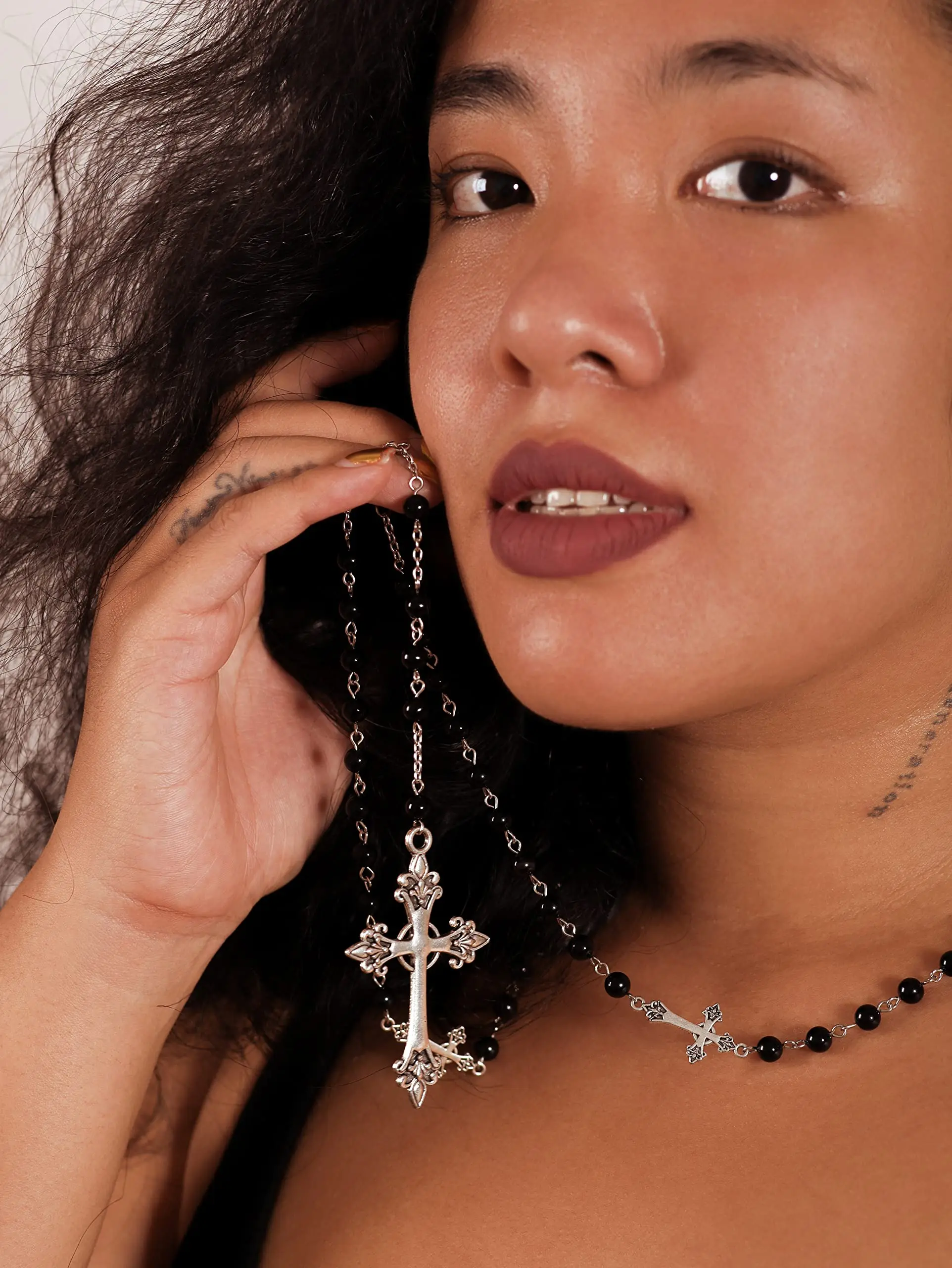 Black Unisex Rosary Necklace with Silver Cross 3 Black Unisex Rosary Necklace with Silver Cross - Image 3