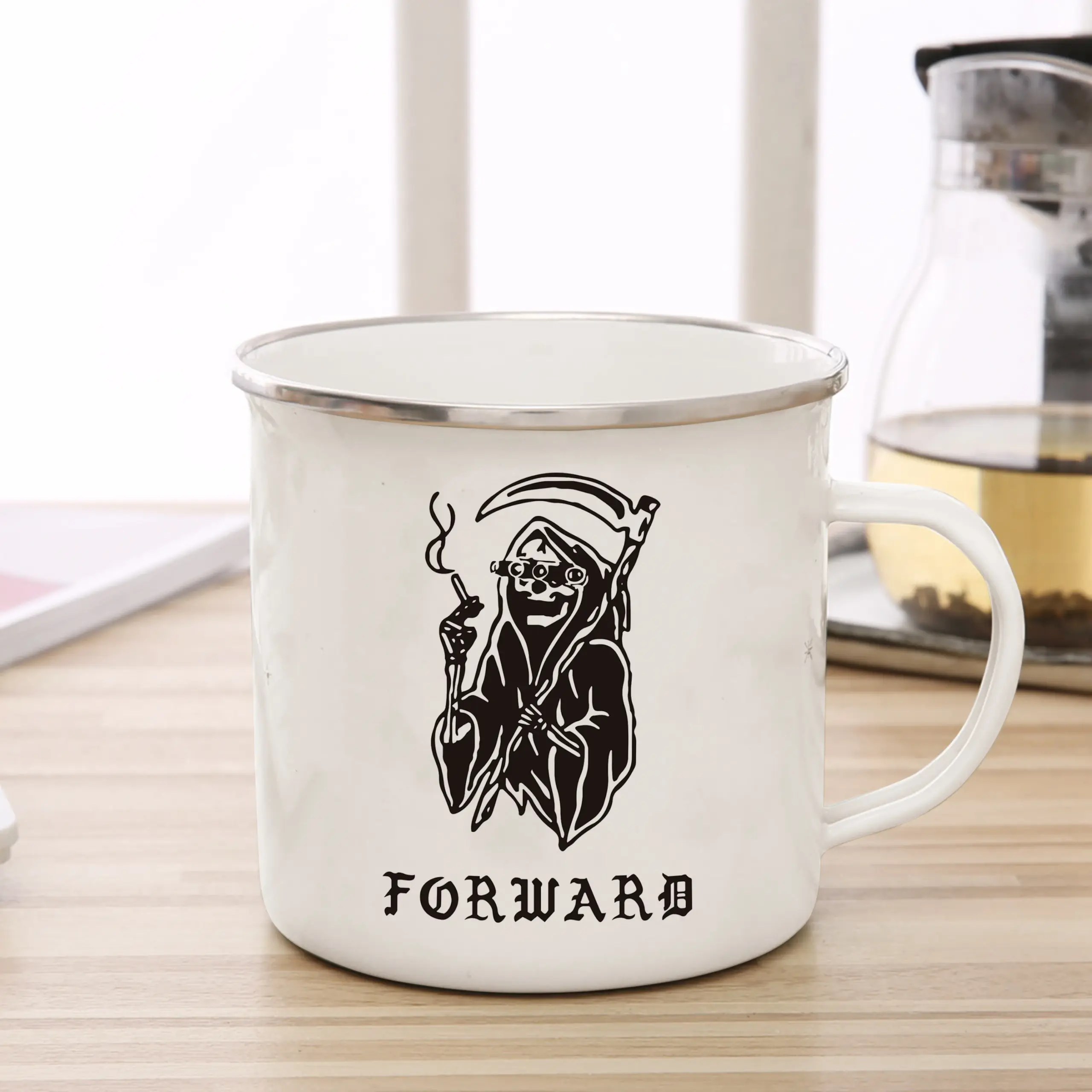 Edgy White Enamel Coffee Mug with Black & Red Graphics 2 Edgy White Enamel Coffee Mug with Black & Red Graphics - Image 2