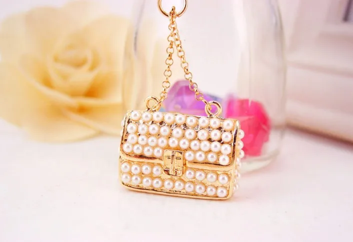 Gold Miniature Handbag Keychain with Faux Pearls 4 Gold Miniature Handbag Keychain with Faux Pearls - Image 4