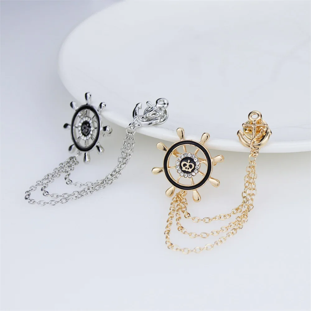 Men's Nautical Wheel Crown Brooch with Chains 3 Men's Nautical Wheel Crown Brooch with Chains - Image 3