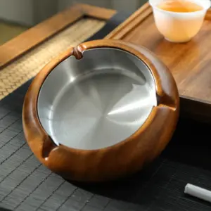 Vintage Wooden Round Ashtray with Stainless Steel Lining 12 Sc60e0c274878457a84fb172f01c30c53Q