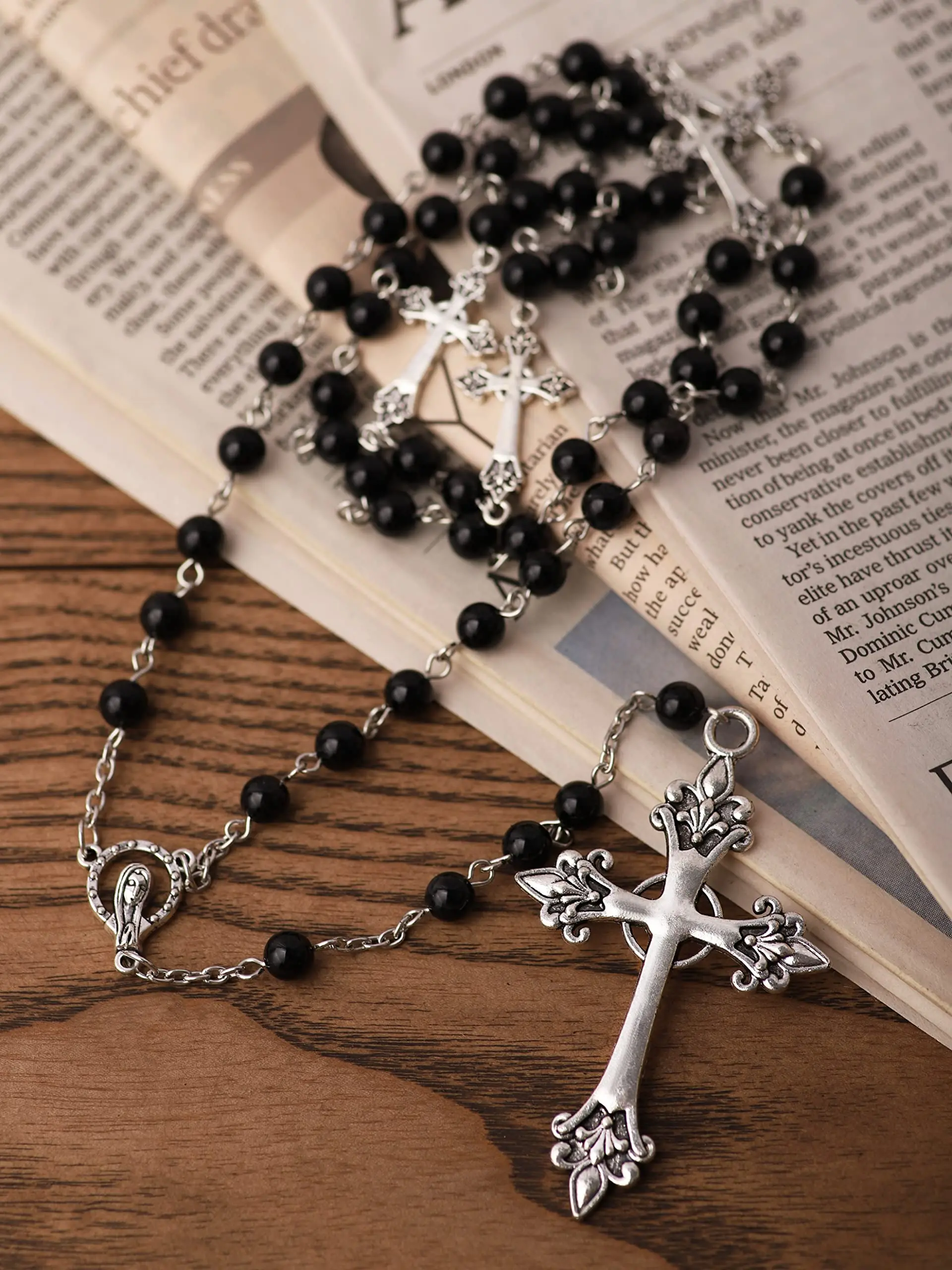 Black Unisex Rosary Necklace with Silver Cross 2 Black Unisex Rosary Necklace with Silver Cross - Image 2