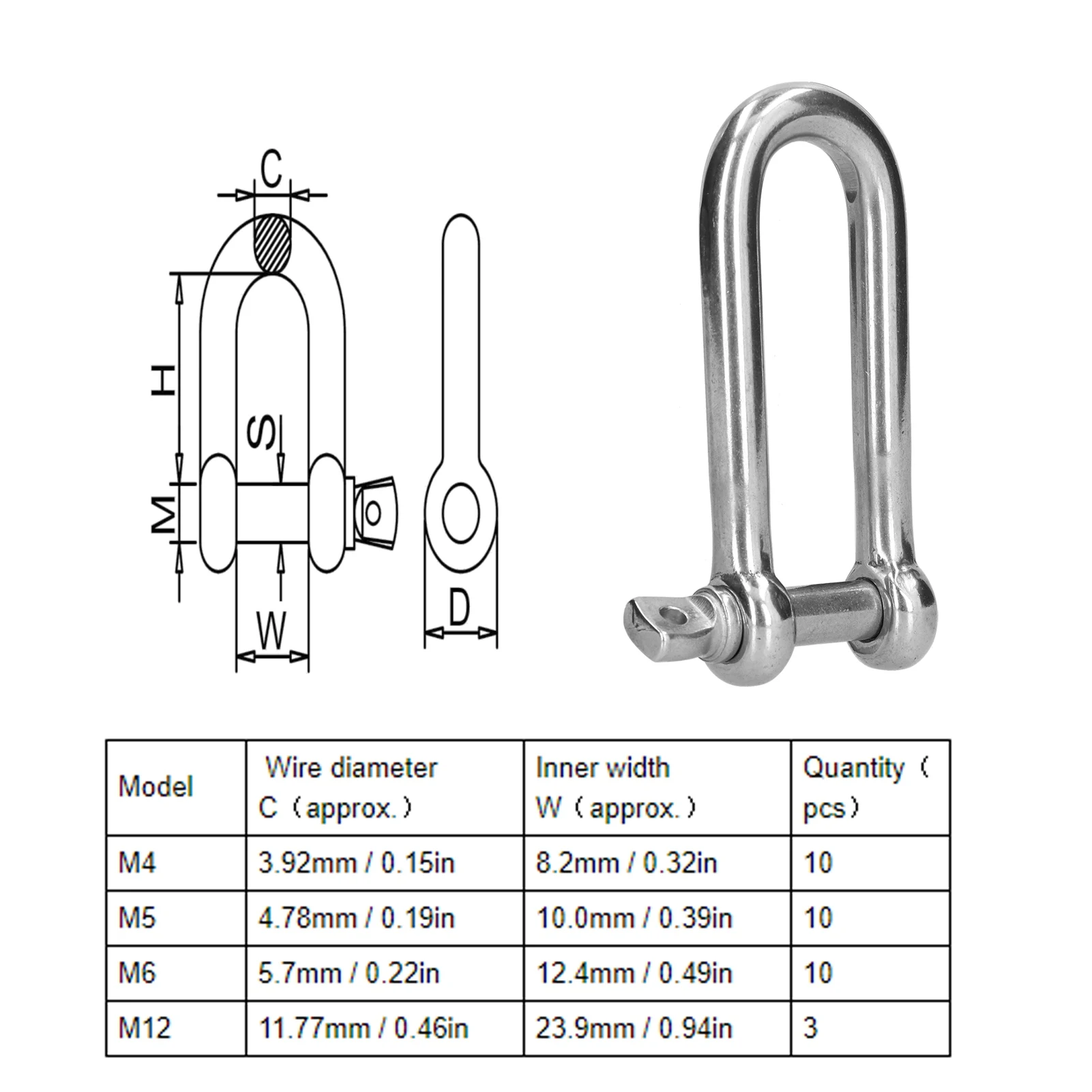 Stainless Steel Long D Shackle 4 Sizes 6 Stainless Steel Long D Shackle 4 Sizes - Image 6